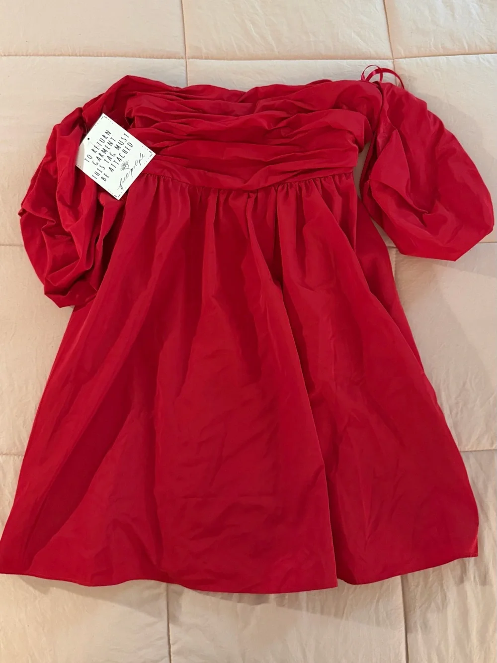 Free People Red Off-Shoulder Puff Sleeve Mini Dress